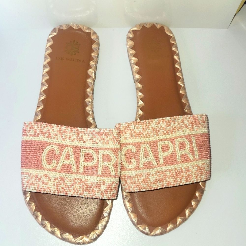 Anthropologie x De Siena "Capri" Glass Bead/Leather Slide Sandals Sz. 8/38 $260